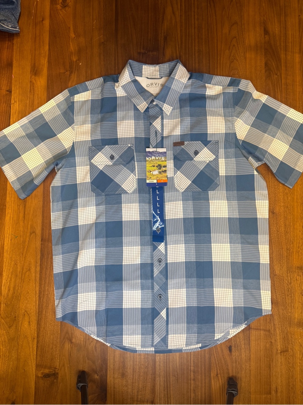 Orvis Short Sleeve Tech Shirt Men’s Large Blue Plaid UPF 30 Quick Dry NWT